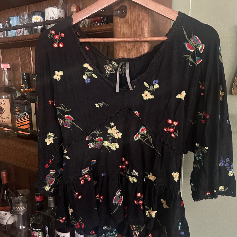 Anthropologie Black Floral Embroidered Tunic Top